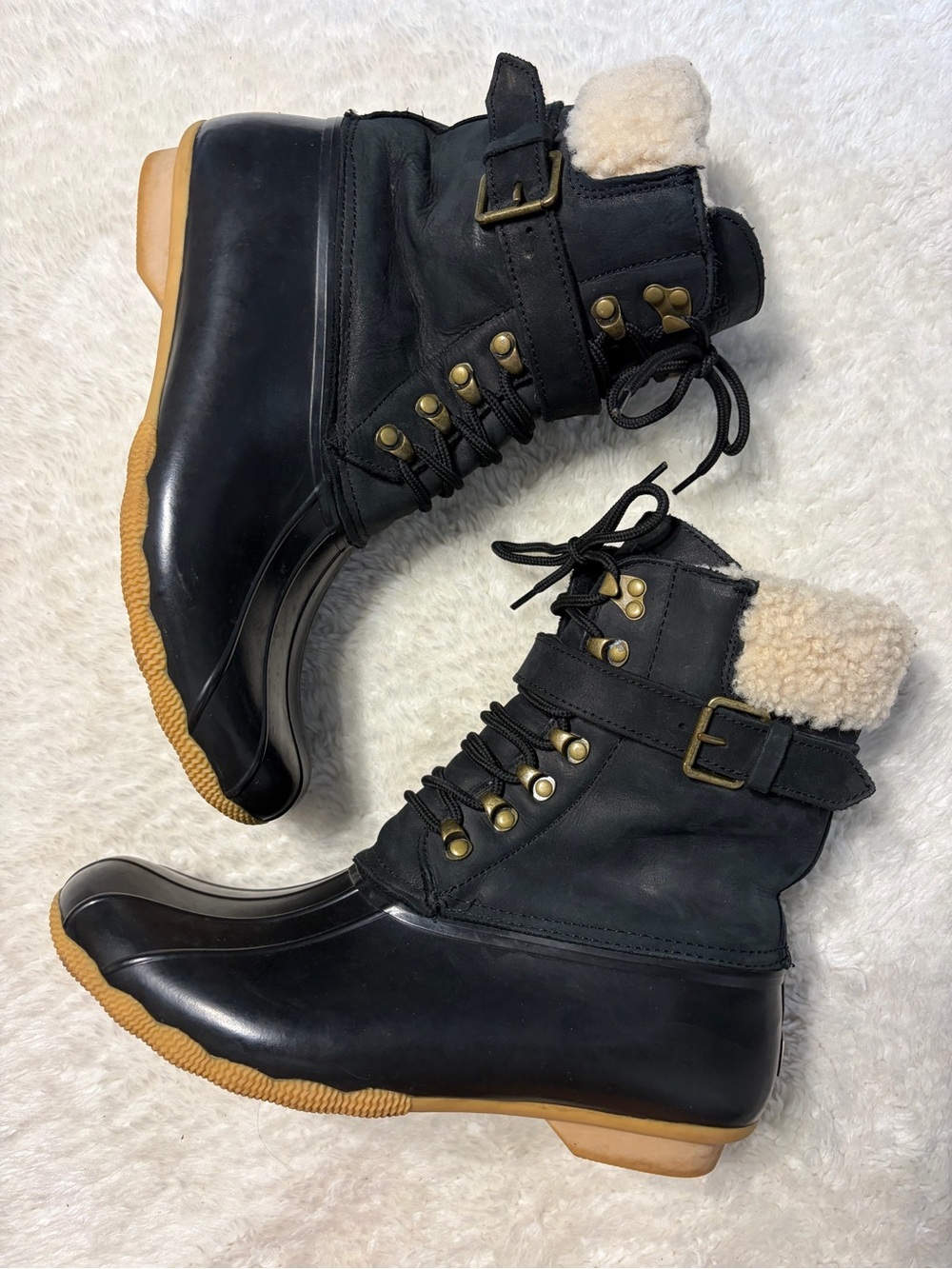 Sperry for J Crew shearwater buckle black leather shearling snow duck boots